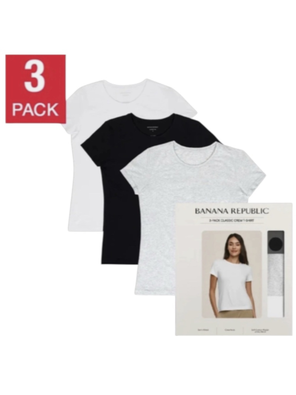 Banana Republic Women’s Classic Crew-Neck Three Pack Short Sleeve T-Shirts Small